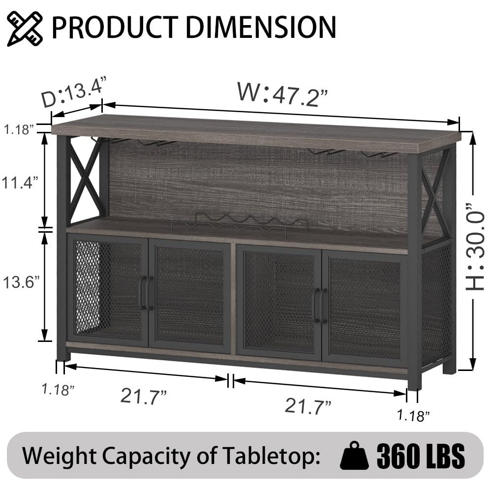 LVB Gabinete de bar de vinos, gabinete industrial para licor y vasos, aparador moderno con estante de almacenamiento, bar rústico de licor para cocina, comedor, sala de estar, roble gris oscuro, 47