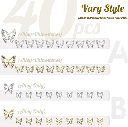 Miniatura 2 de Dijes de mariposa para uñas, 60 dijes de mariposa 3D de plata dorada para uñas acrílicas, 20 dijes de diamantes de imitación de mariposas + 40