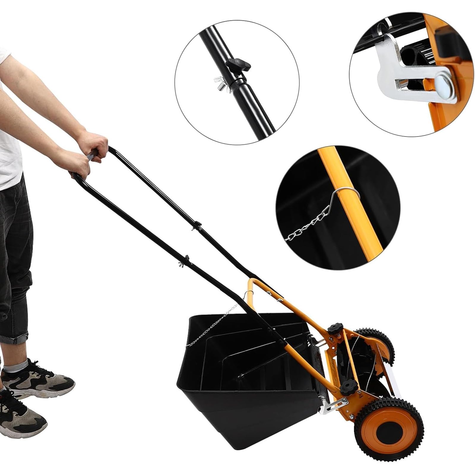 Cortacésped manual de 16 pulgadas, cortador de césped 2 en 1 con bolsa de pajita, altura de corte ajustable, ideal para patios pequeños y jardines