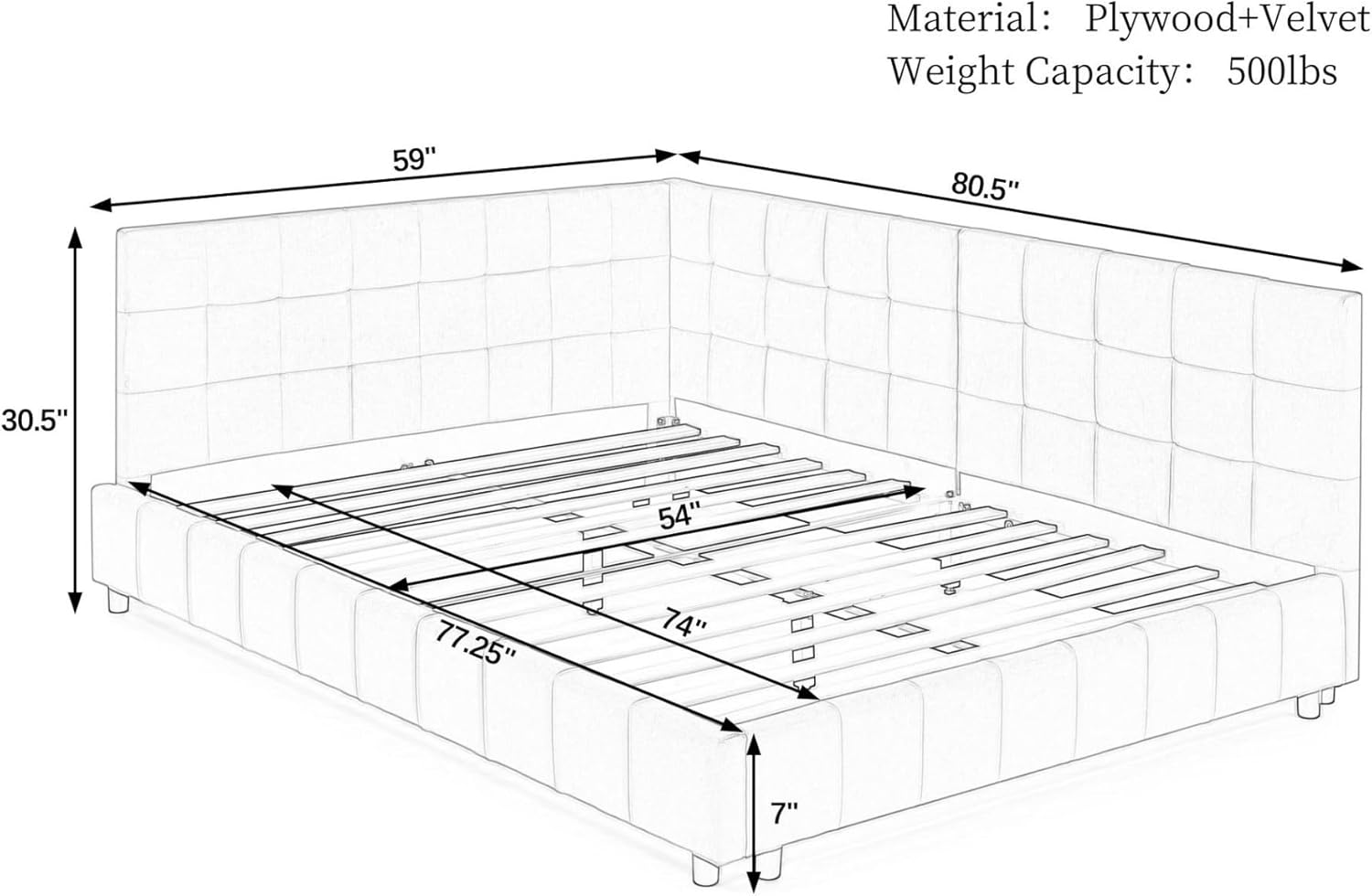 KEIKI Full Size L Shape Corner Bed Frames with Backrest and Armrests, Velvet Upholstered Sofa Daybed for Small Room, Living Room, Bedroom, Guest Room, Kids' Room