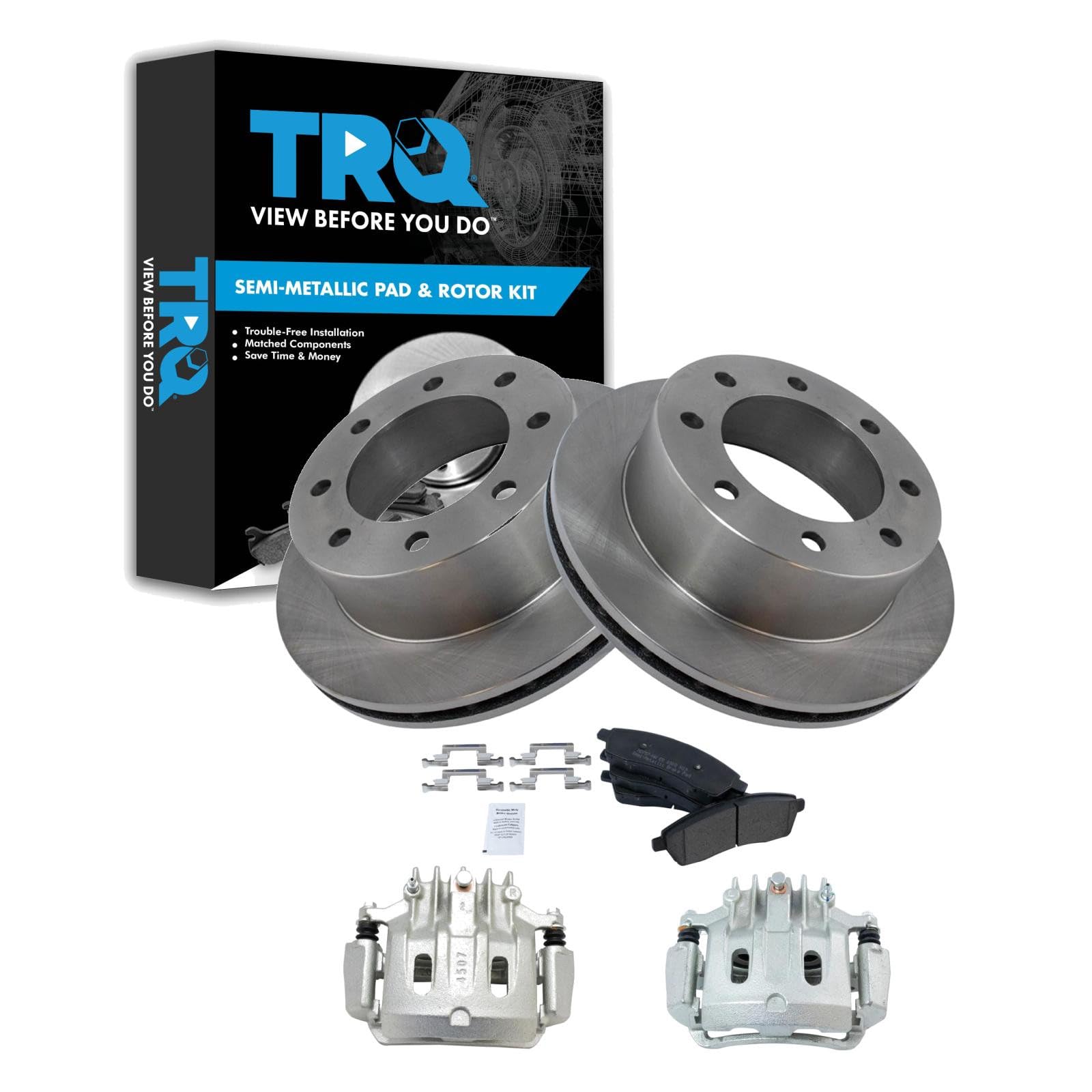 TRQ Rear Brake Pad, Caliper, &amp; Rotor Kit Semi-Metallic Compatible with 2000-2005 Ford Excursion 2000-2004 F-250 Super Duty F-350 Super Duty