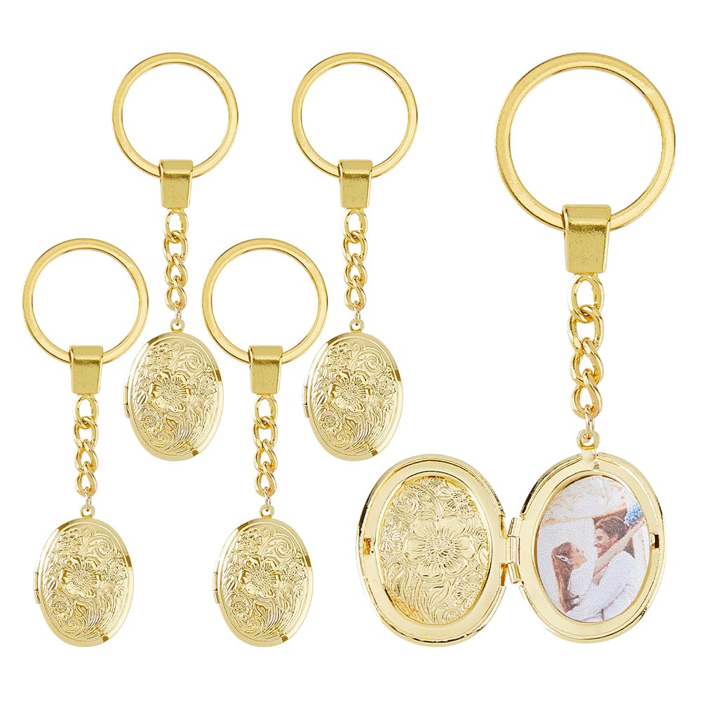 SUPERFINDINGS 5Pcs Locket Keychains Brass Memory Photo Locket Keychain Oval Flower Locket Keychains for Bag Hat Key