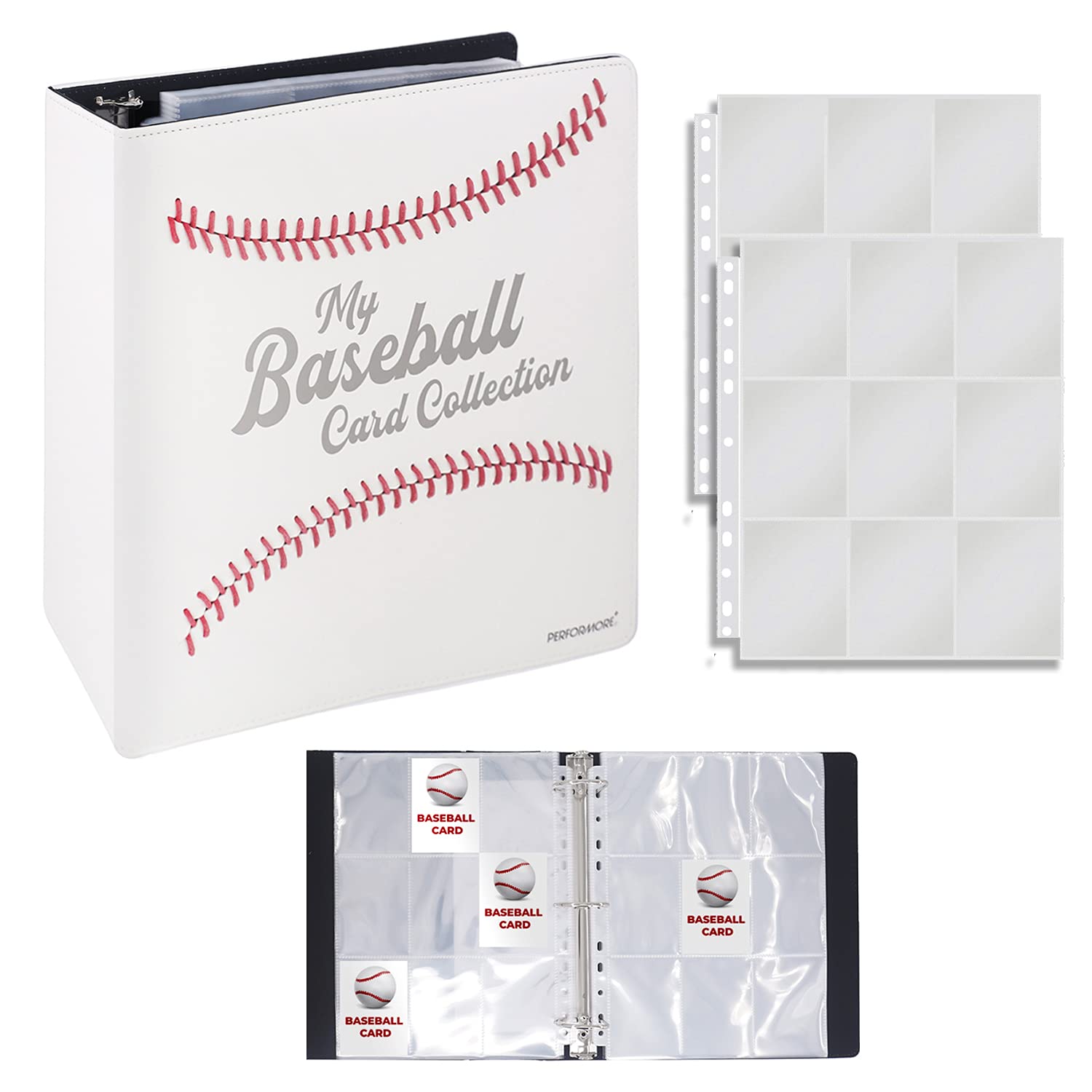 Performore Premium Hand-Stitched Baseball Card Collector Album Real Football Texture PU Leather Binder 2-Inch D-Ring Storage with 25 Sheet Protectors and 9 Pocket Sleeves Sports Card Organizer Gift