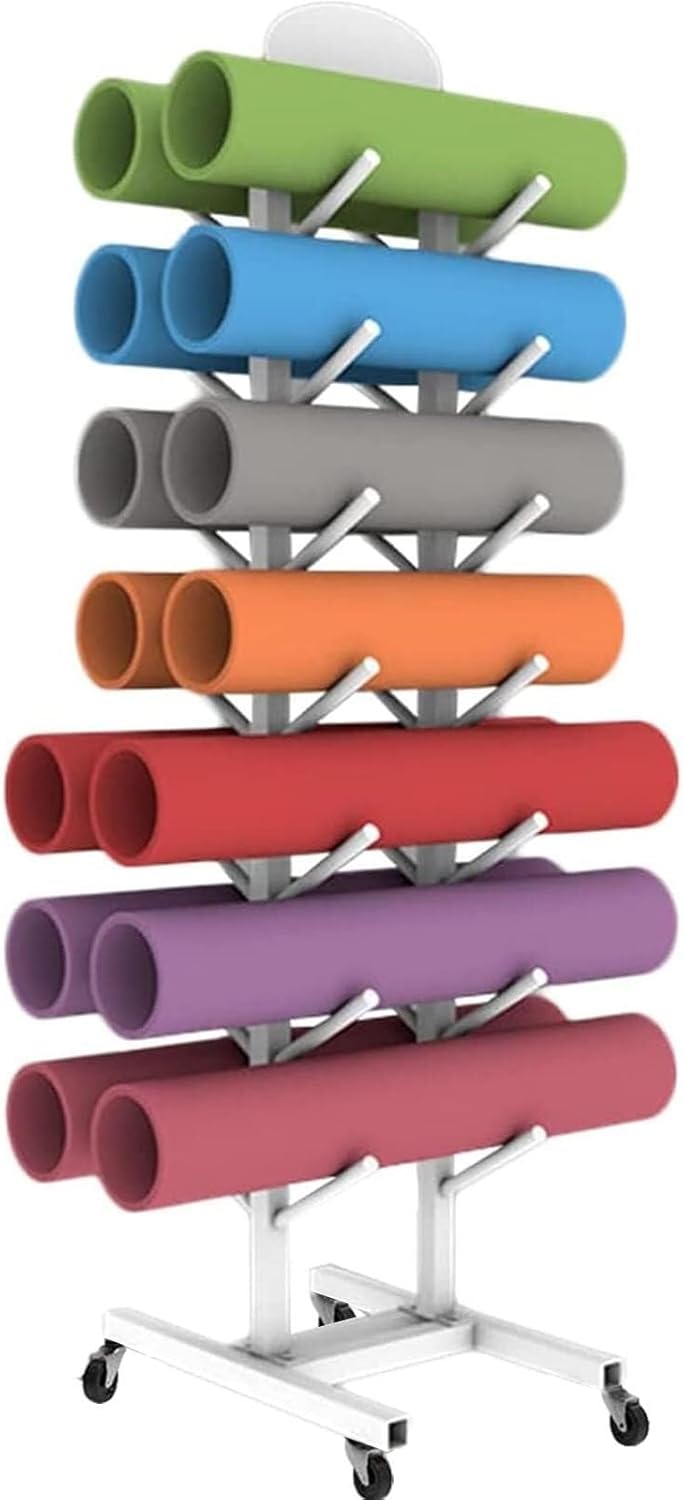 Large Yoga Mat Rack with Lockable Wheels – Metal Exercise Mat Holder for Home Gym & Studio, Holds 14 Mats and Foam Rollers, Portable Floor Stand Storage Solution