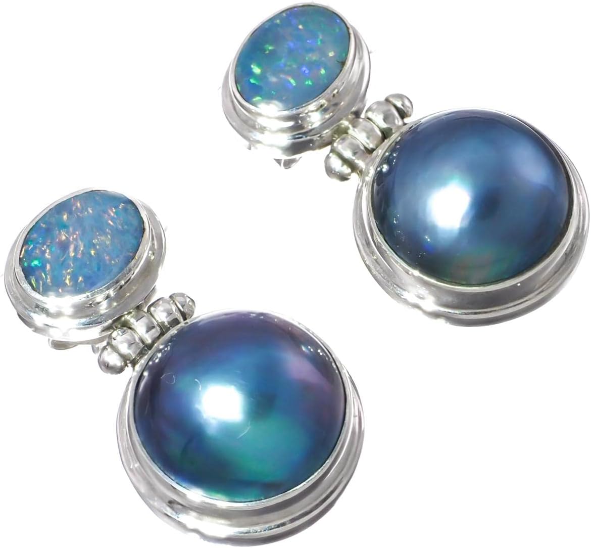 Australian Opal Blue Mabe South Sea Ocean Cultured Pearl 925 Sterling Silver Post Earrings, 1 1/8"
