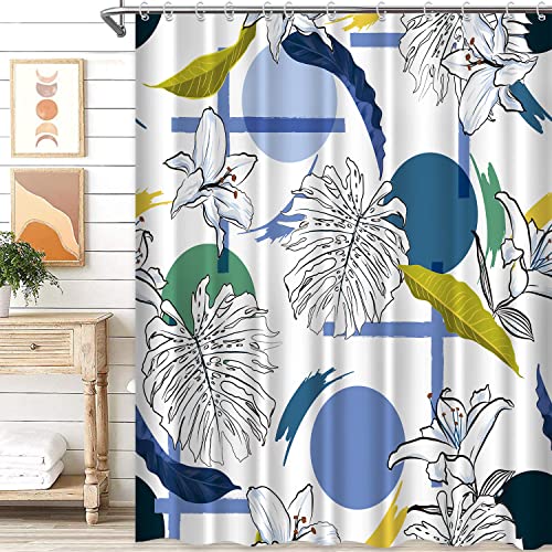Verngo Blue White Plant Floral Shower Curtain Palm Leaf Yellow Leaves Flower Bath Curtain Abstract Geometric Polyester Fabric Home Bathroom Decor 72X72 Inches #TOP1