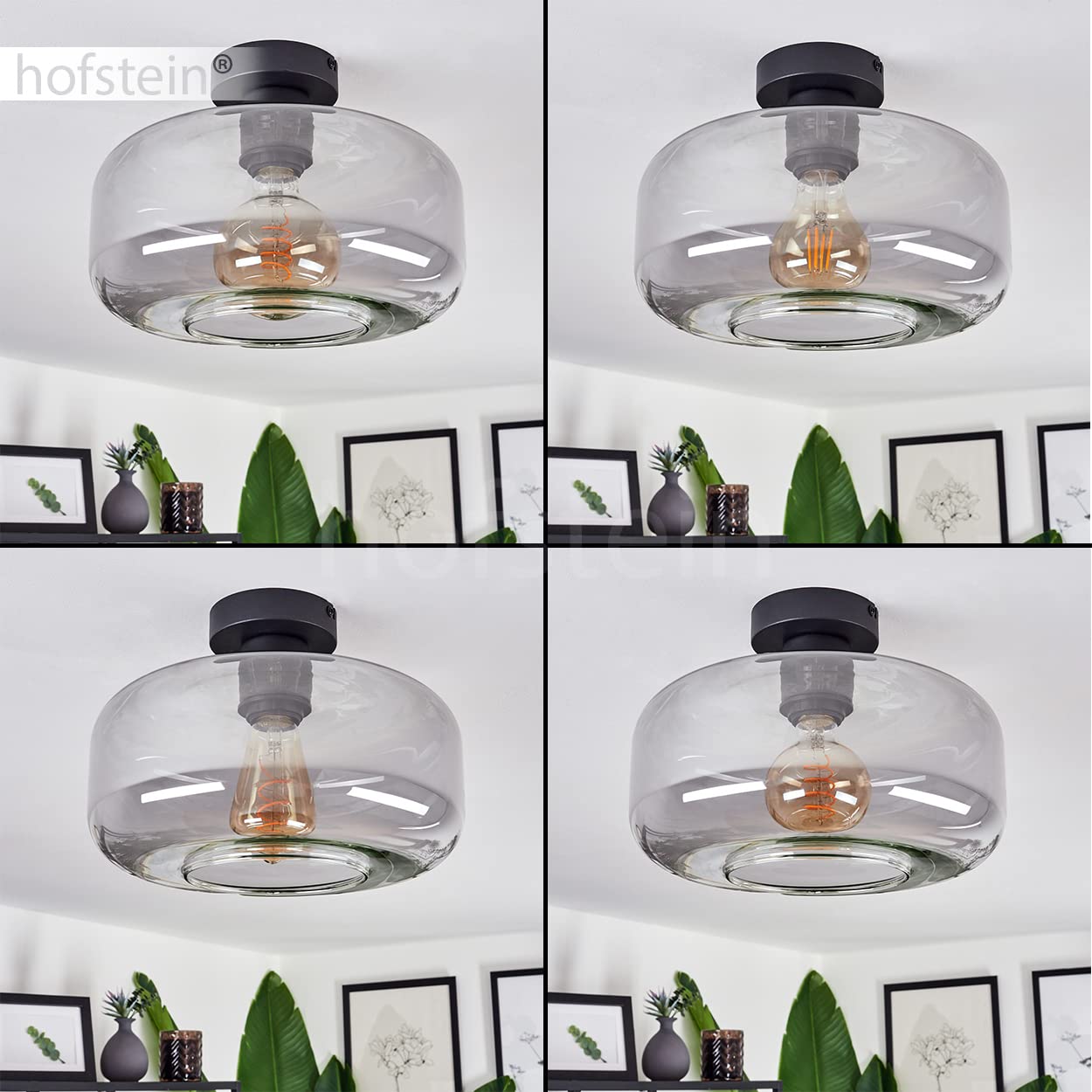 Lámpara De Techo Pedreles, Moderna Lámpara De Techo De Metal/vidrio En Color Negro/humo, Lámpara De Diseño Retro/vintage Con Pantalla De Vidrio ( 27 Cm), 1 X E27, Bombilla No Incluida