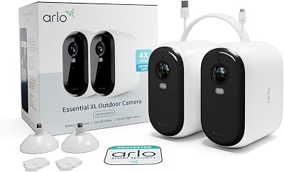 Arlo Essential HD XL Telecamera WiFi Esterno Senza Fili, Telecamera WiFi Interno, Batteria Da 24 Mesi*, Sirena Allarme Casa, Sensore Di Movimento, Prova Arlo Secure Inclusa, 2 Telecamere, Bianche