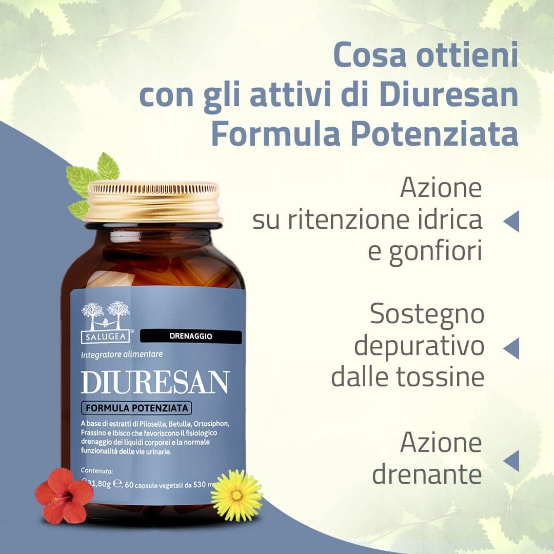 DIURESAN Formula Potenziata Salugea - Integratore 100% Naturale per la Ritenzione Idrica il Drenaggio e la Depurazione - Capsule Vegetali - Flacone In Vetro Scuro (no Plastica) - 60 capsule