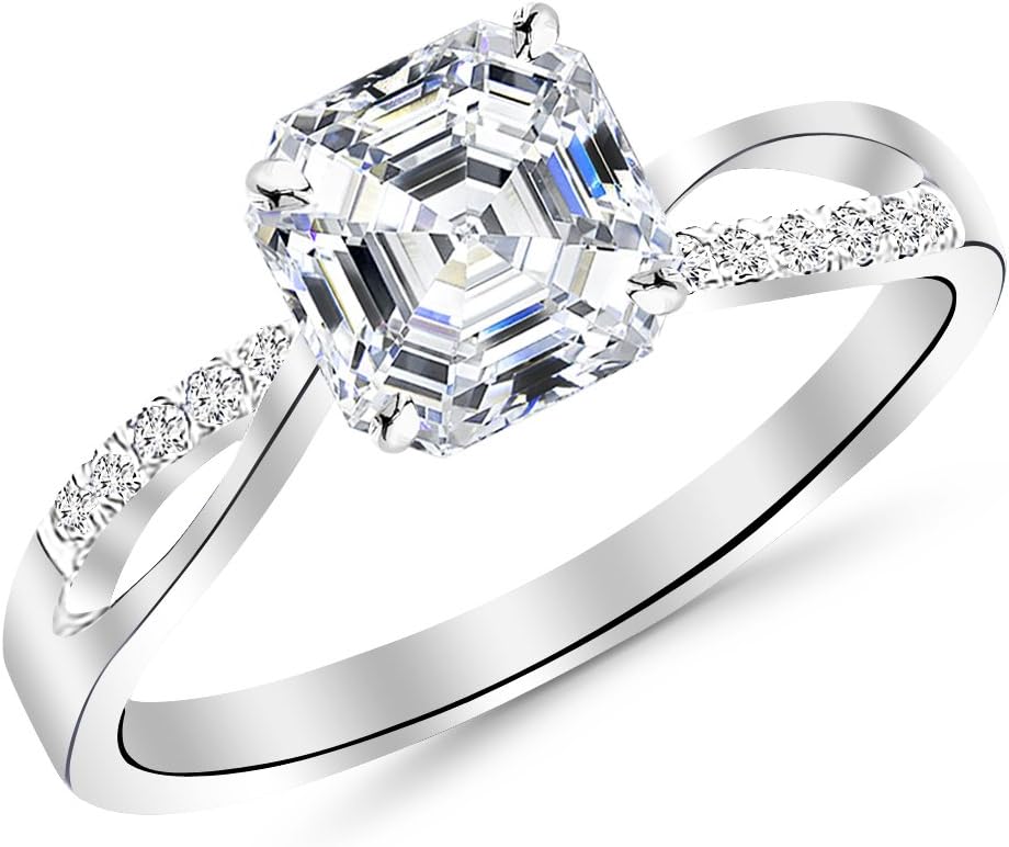 IGI Certified 0.58 Carat Asscher Cut/Shape 14K White Gold Elegant Twisting Split Shank Diamond Engagement Ring with a 0.50 Carat, F-G Color, Eye Clean Clarity Center Stone