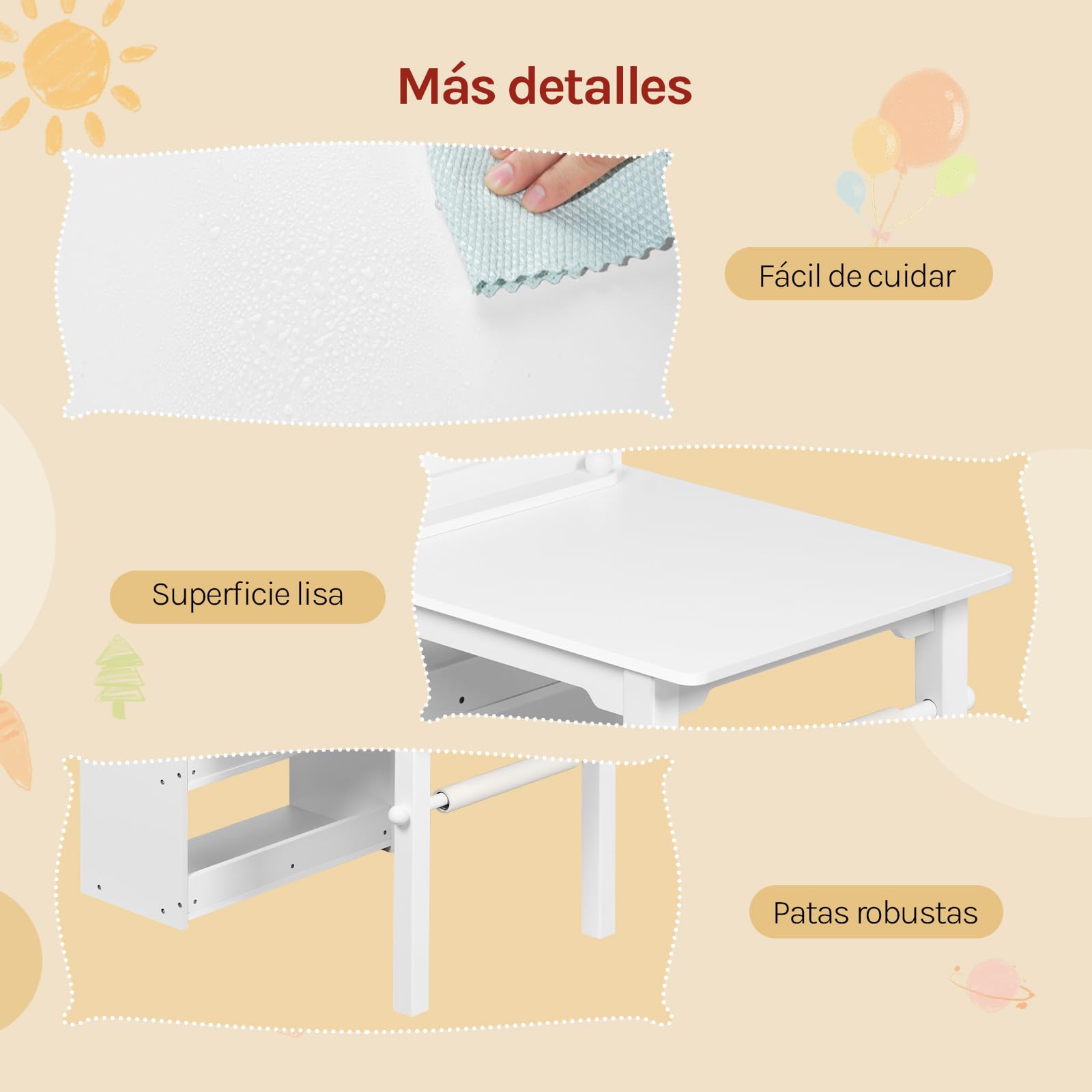 WOLTU Mesa Infantil con 2 Sillas, Blanco | Estantería de 3 Niveles, 1 Portarrollos, 2 Cajas de Tela, MDF