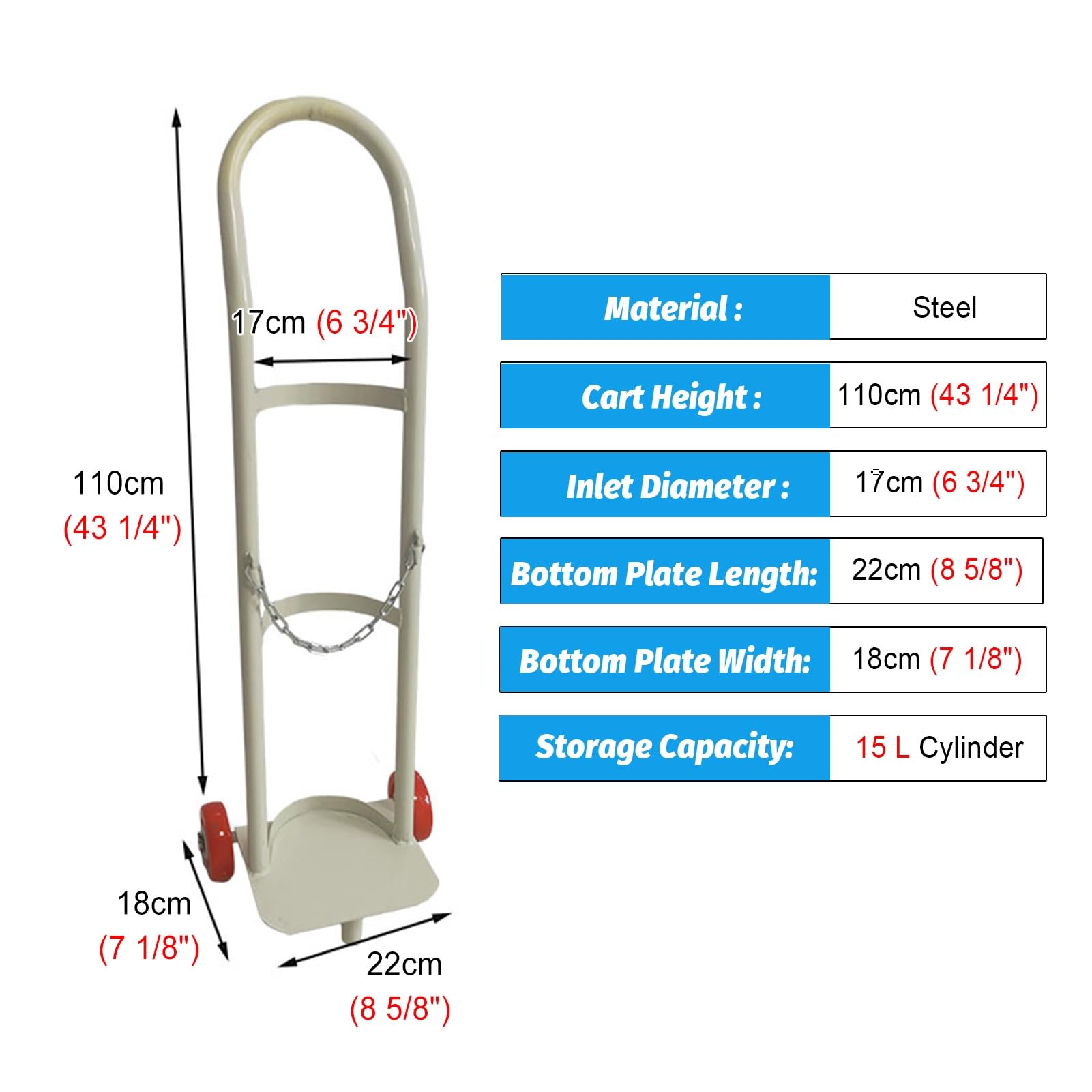 Carro portatanques de oxígeno de 15 l, Carrito móvil para Transportar Cilindros de nitrógeno, fácil de almacenar y Transportar, diseño Ligero con rued，White