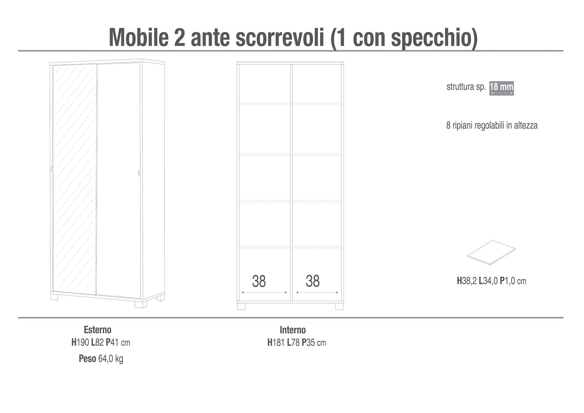 Giordanoshop Armadio 2 Ante Scorrevoli con Specchio 82x190x41 cm Bianco Fiammato