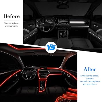 EL Wire Car LED Strip Lights, 10FT 5V USB Vehicle Ambient Lighting Kit with Fuse Protection, Automotive Interior Neon Decoration Lamp with 5mm Sewing Edge, Universal Fit (Red)