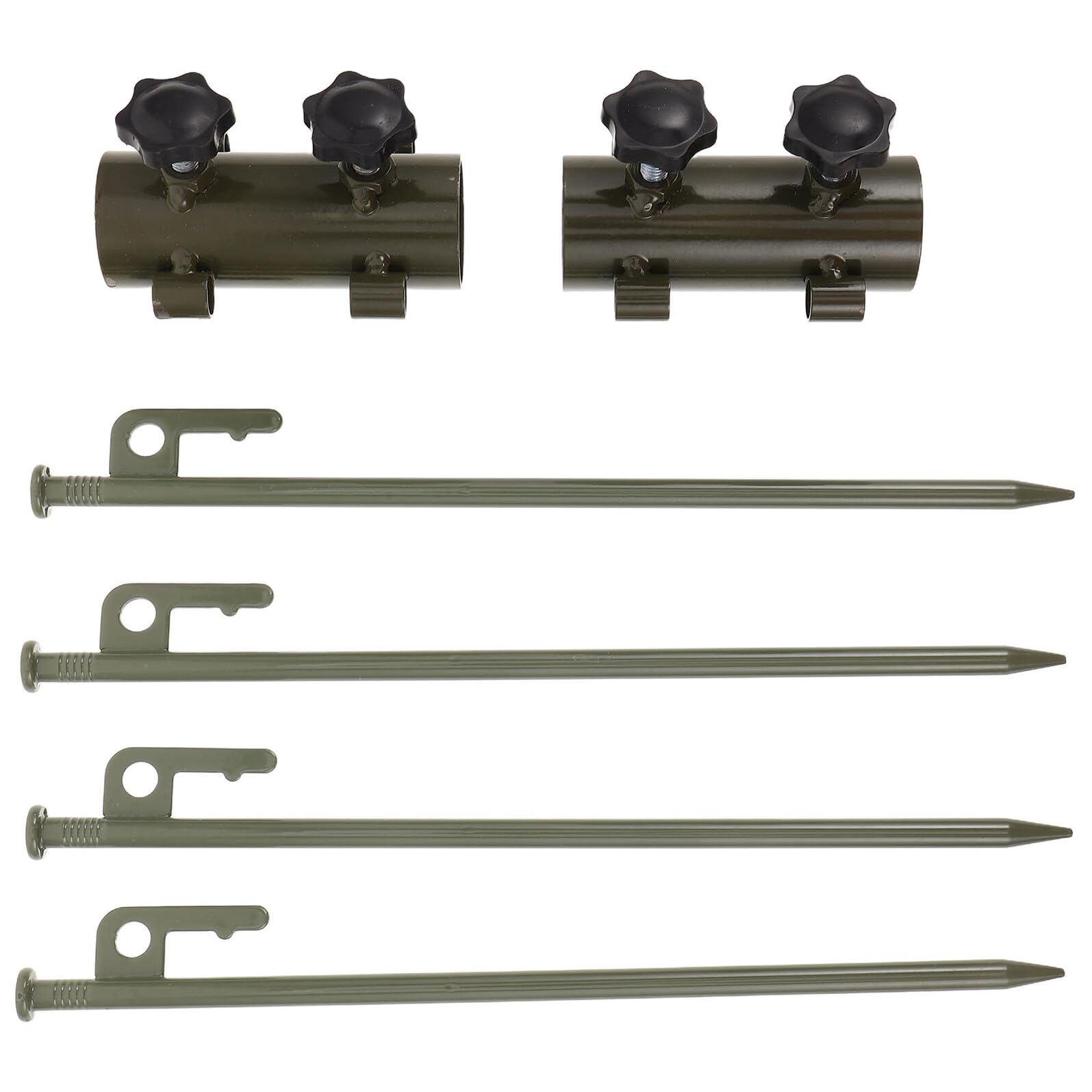 Toyvian Piquets de Camping en Acier Militaire Robustes Vert Armée, Kit Fixation pour Mâts de Tente Télescopiques avec 2 Fixateurs Réglables et 4 Piquets de 30 Cm, Accessoire pour Camping
