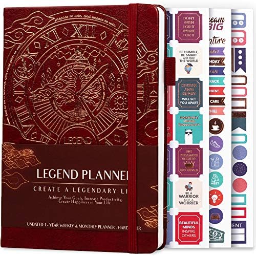 Legend Planner – Deluxe Weekly & Monthly Life Planner to Hit Your Goals & Live Happier. Organizer Notebook & Productivity Journal. A5 Hardcover, Undated – Start Any Time + Stickers – Wine Red Gold