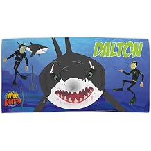 Wild Kratts Shark Week Personalized Plush Velour Blue Towel with Custom Name Printed on Absorbent Terry Loop Cloth - Great for Camp Pool Beach Lake or Bath, 28" x 56"