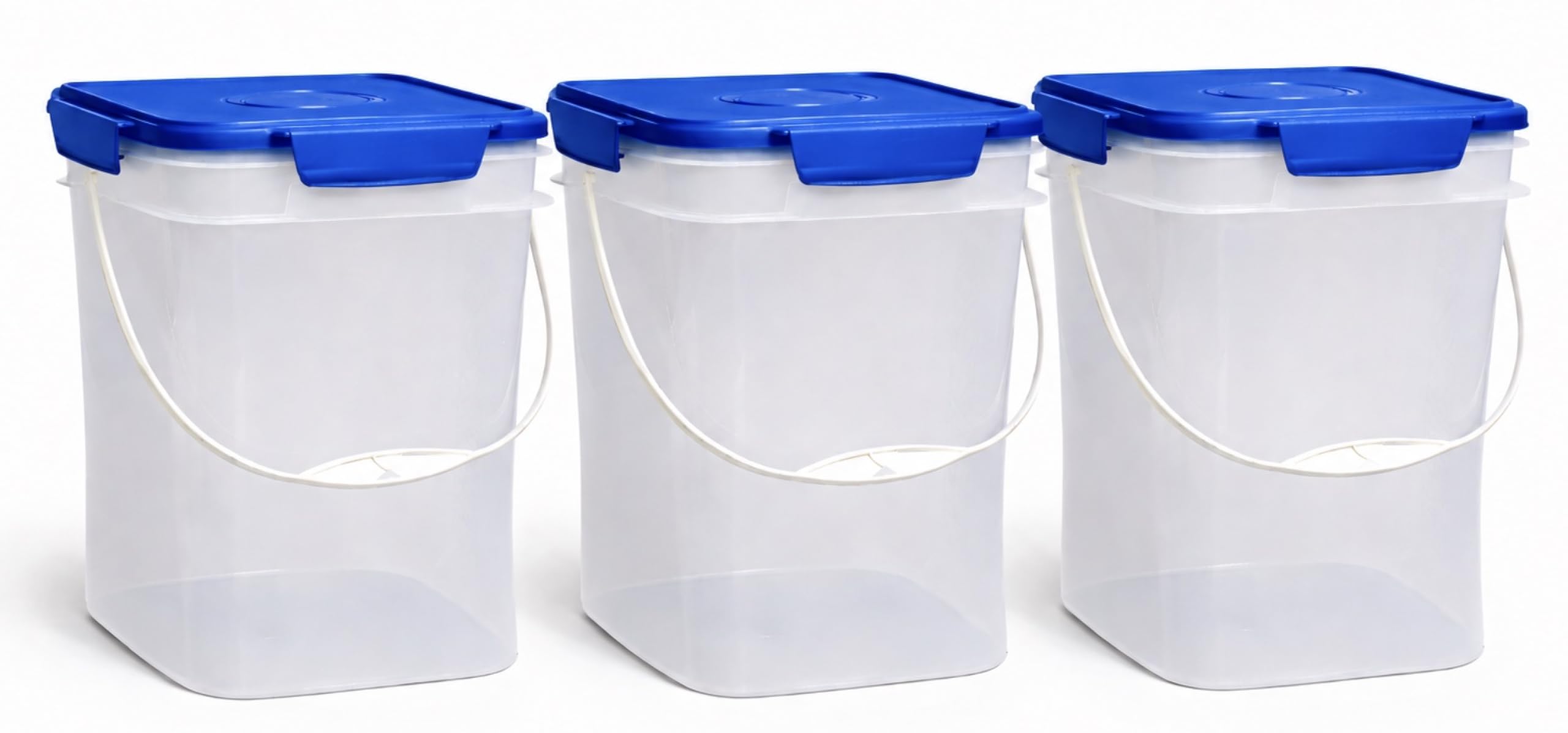 House Naturals 4 Gallon Square Food Grade Bucket Pail with Plastic Handles and Lid (Pack of 3) Made in USA containers (Clear - Blue lids)