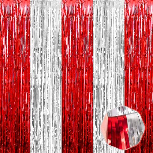 6 Pack Red Silver Foil Fringe Curtain Backdrop 8.2Ft