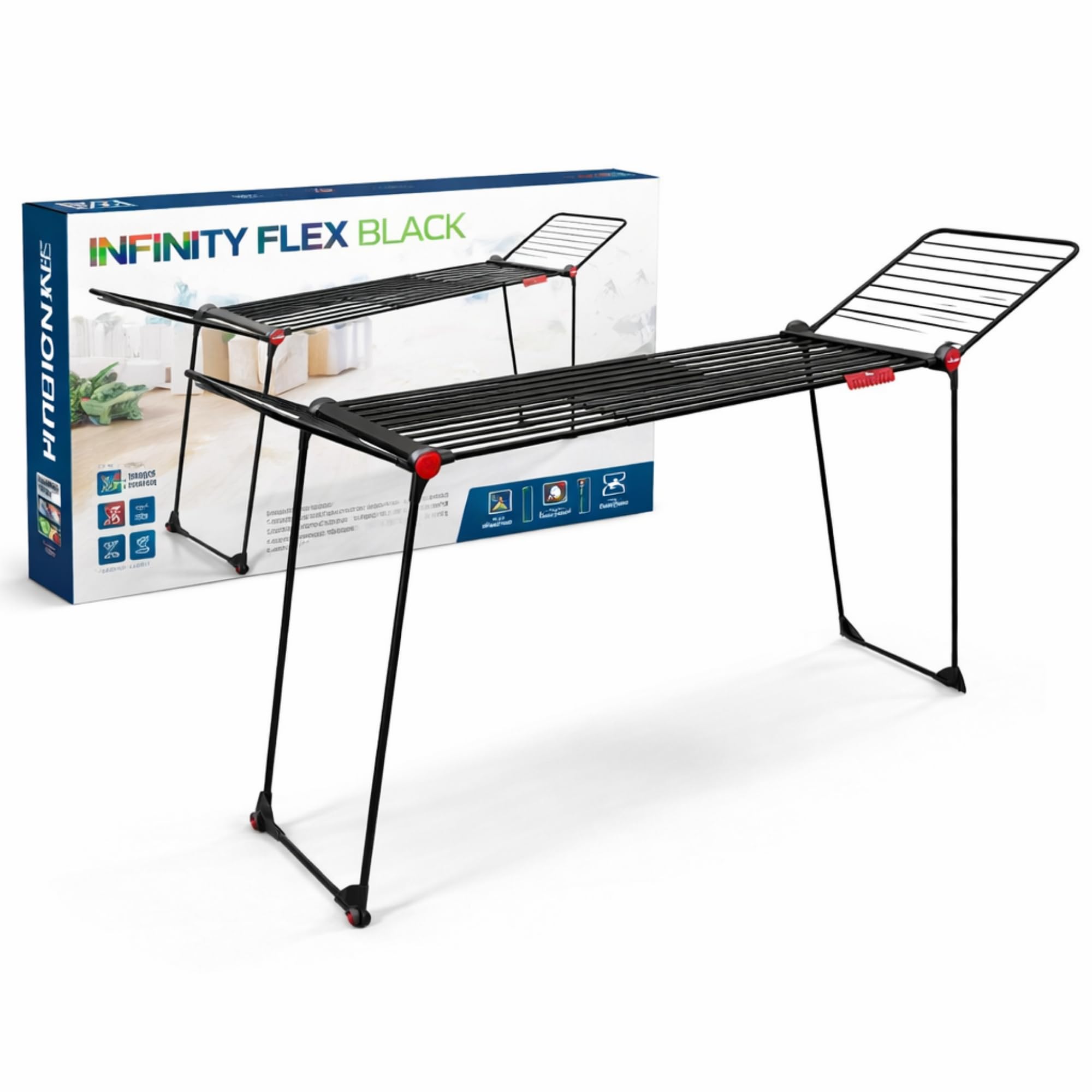 Stendino Pieghevole Infinity Flex Ultimate BLACK - Estensibile 2 metri con Ruote - 30 METRI di STENDITURA - Ali Alte per Lenzuola e Pantaloni - Stendibiancheria con Struttura in Acciaio e Alluminio