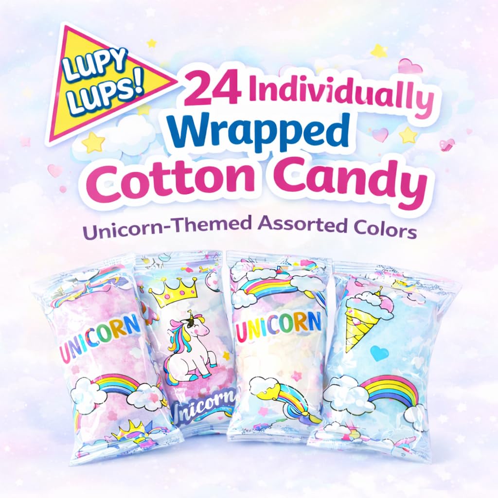 Cotton Candy Bulk – 24 Individually Wrapped Unicorn Cotton Candy Bags, Fluffy Assorted Flavors, Rainbow Party Favors for Birthdays, Pinatas & Candy Buffets