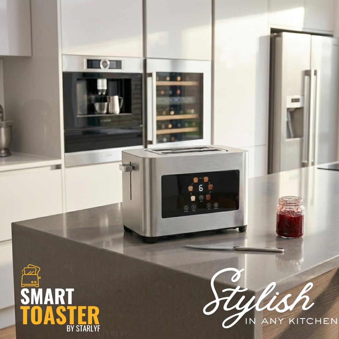 STARLYF Smart Toaster – Tostapane 2 Fette con Touch Screen LED – Slot Extra Large per Pane Spesso e Toast – 6 Livelli di Doratura – Funzioni Scongelamento, Riscaldamento e Stop – Acciaio Inossidabile
