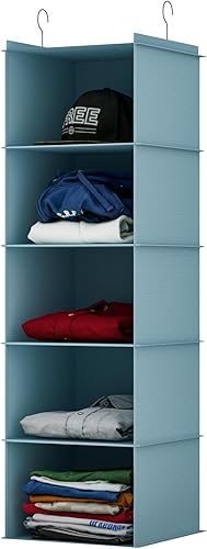 Likorlove Organizador colgante de armario de 5 niveles, estantes colgantes plegables con 2 ganchos resistentes para almacenamiento, para armario,