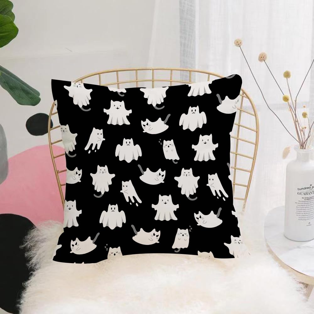 HYMSXW Cushion Cover,Throw Pillow Case Home Decorative for Living Room Bedroom Sofa Chair 20X20 Inch,Cute halloween pattern with ghost cats and stars on black background. flying H,Pillowcase 50X50cm