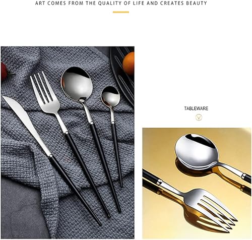 Miniatura 9 de Juego de cubiertos negros para 16 cubiertos, 64 piezas de acero inoxidable 1810, moderno, para el hogar, cocina, boda, restaurante, para comer,