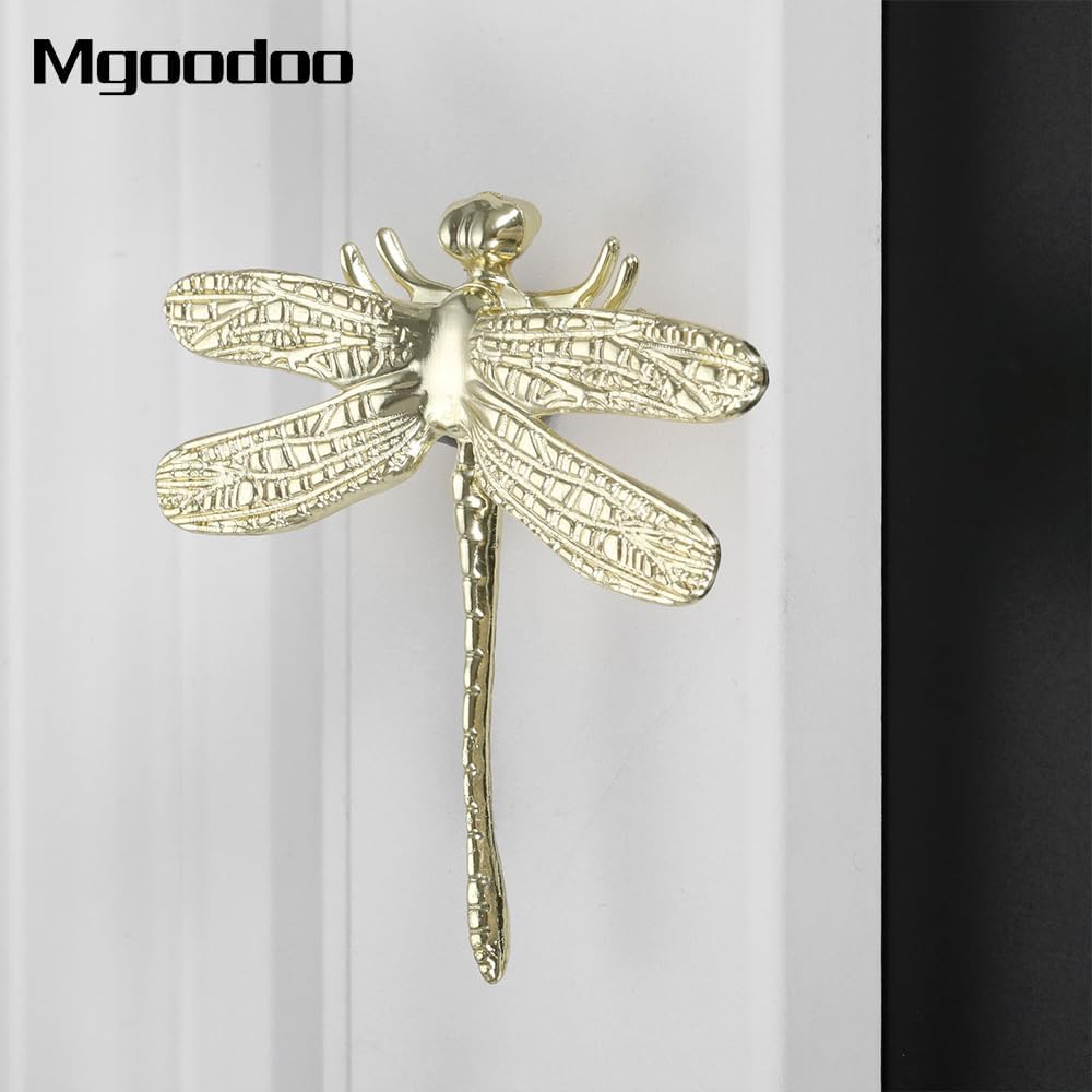 Mgoodoo 4Pcs Brass Dragonfly Cabinet Knobs, Golden Tone Cupboard Knobs Animal Single Hole Handle Decorative Dresser Drawer Handle Knobs for Doors Closets Drawers Wardrobes