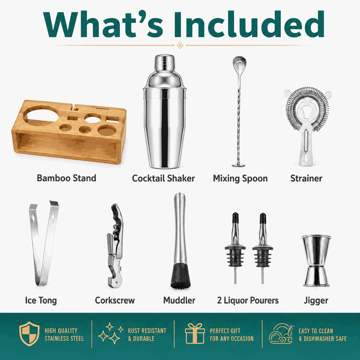 Cocktail Shaker Set, 18/8 Food-Grade Stainless Steel Mixology Bartender Kit 10-Piece Bar Tools with Stylish Bamboo Stand - Rust-Proof & Dishwasher Safe - Professional Martini Shaker Gift for Men, Dad view 2