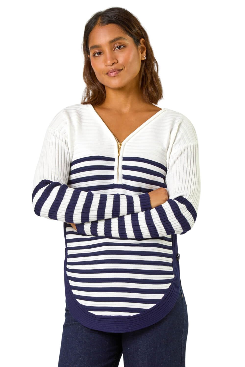 Roman Women's Ivory Stripe Zip Front Ribbed Knit Jumper