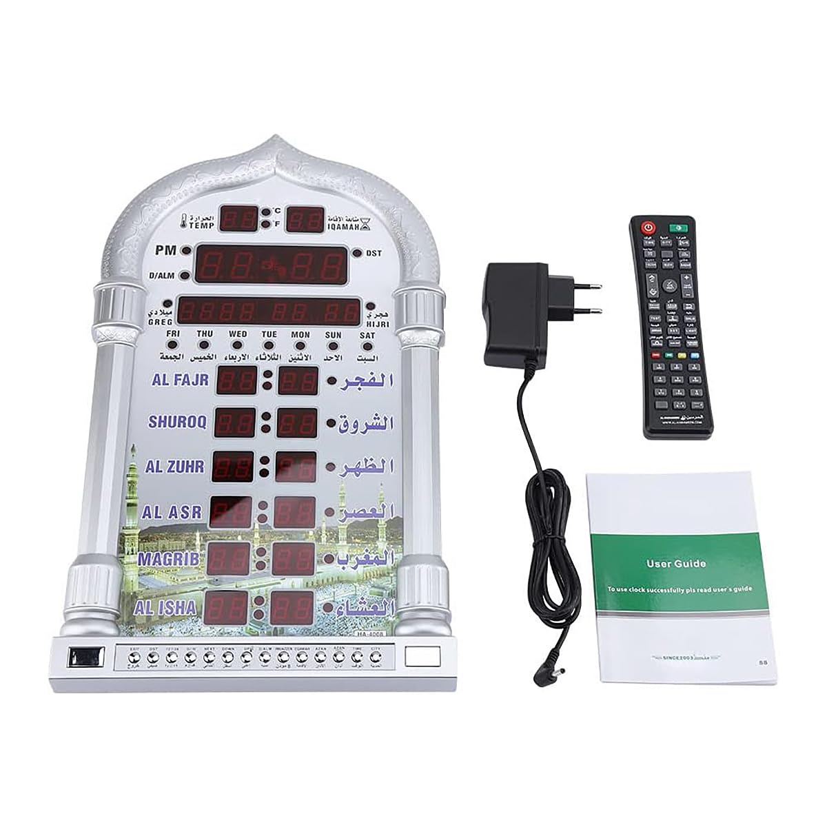 Fyearfly Muslim Azan Gebetsuhr – LCD Automatische Islamische Gebetsuhr, Zuhause/Büro/Moschee, Digitale Dekorative Wanduhr/Desktop (Fernbedienung + EU-Stecker)