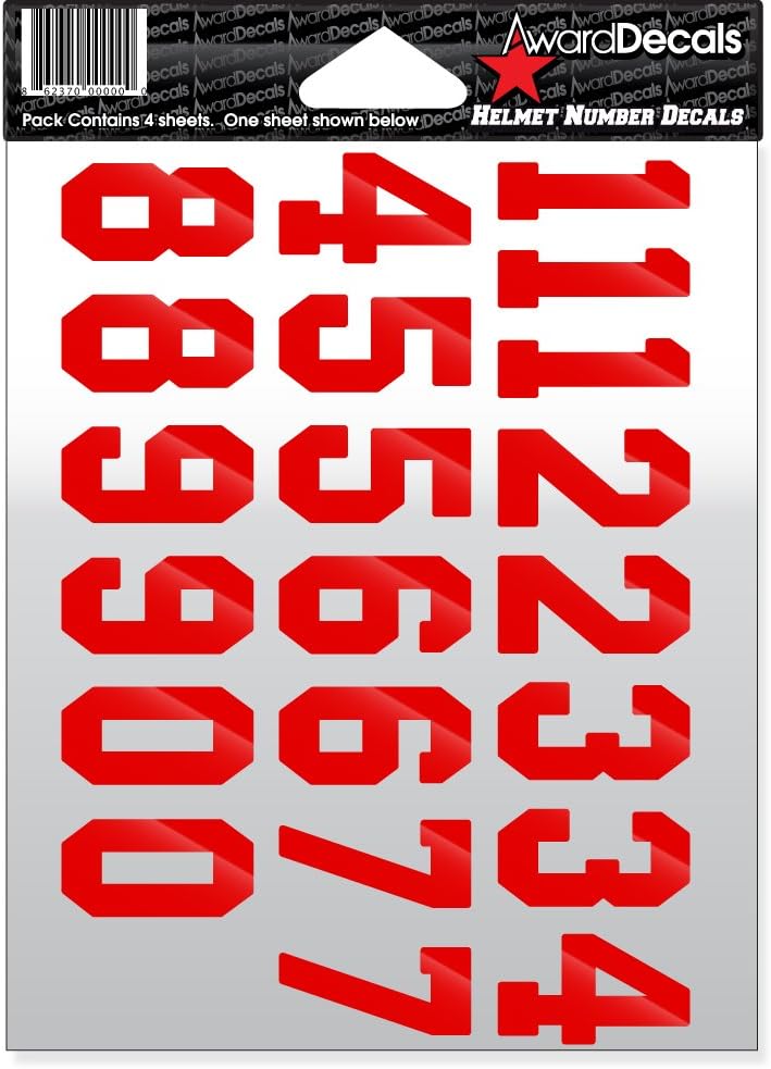 Number Stickers for Helmets (Football, Baseball, Softball, Hockey, Lacrosse, Etc.) 4 Sheets = 84 Numbers (Red)