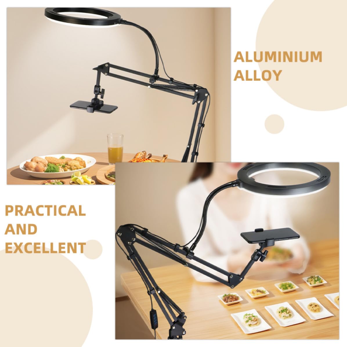 Soporte para Teléfono Móvil Ajustable con Luz USB para Escritorio Negro