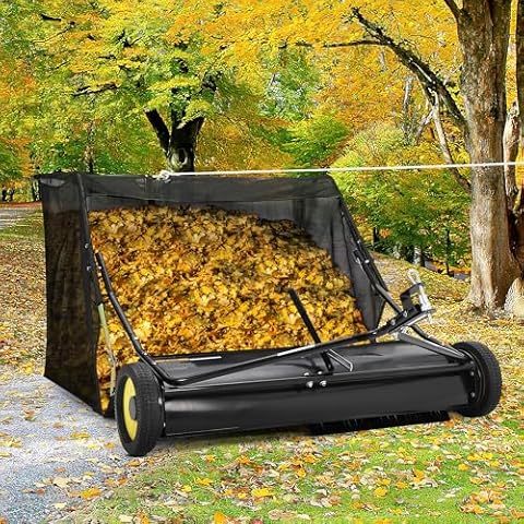 Petyee 52" Tow-Behind Lawn Sweeper, 27 Cu. Ft Hopper Bag Capacity; Leaf & Grass Catcher, with Adjustable Brush Height and Dump from Seat Handle Cover