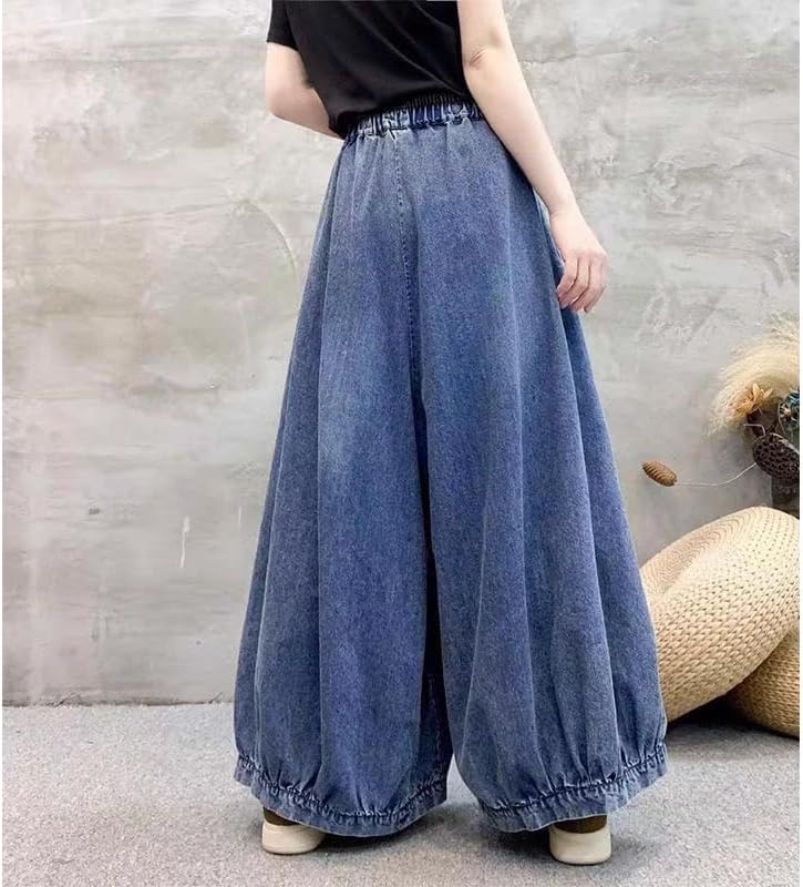 Womens Casual Loose Cropped Jeans Wide Leg Denim Pants Vintage Pants Harem Trousers Elastic Waist with Pockets (US, Alpha, Small, Large, Regular, Regular, Blue)