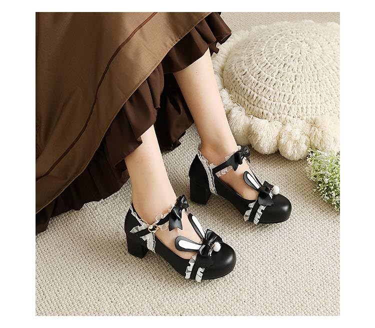 Women Lolita Bunny Bow Mary Jane Pumps Shoes Low Block Heels with Lace4