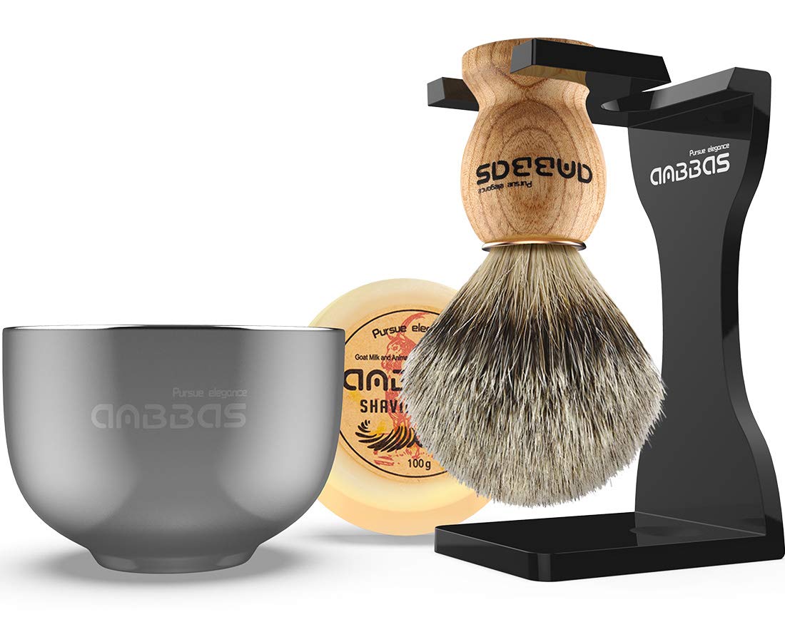 Anbbas Ensemble de Blaireau de Rasage 4en1,avec Support de Rasoir,Bol et Savon pour Rasage Traditionnel Homme