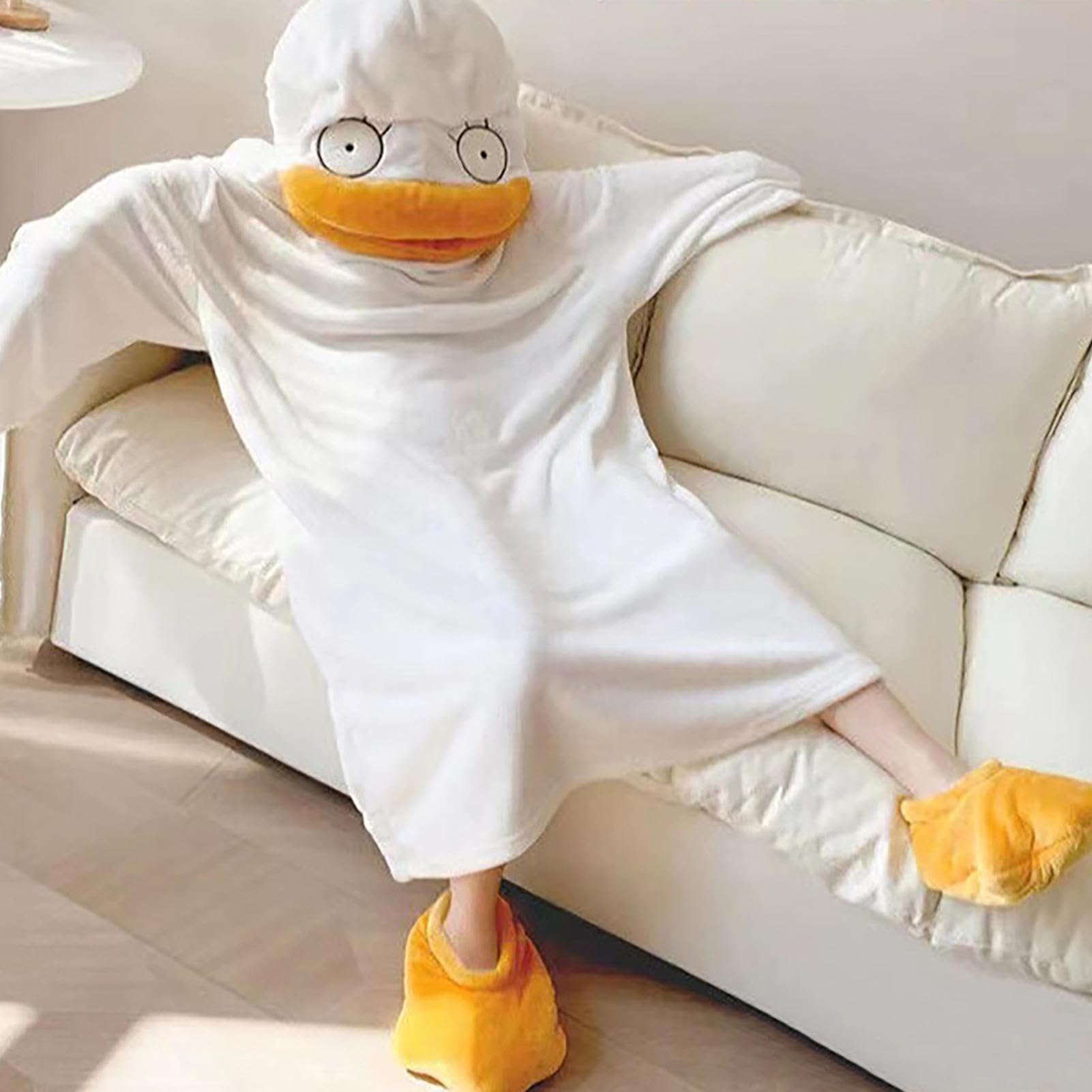 Generisch Divertente pigiama intero con scarpe – Pigiama in flanella per uomo e donna – dolce costume di animali d'anatra – morbido set di biancheria da notte per Halloween, carnevale e feste