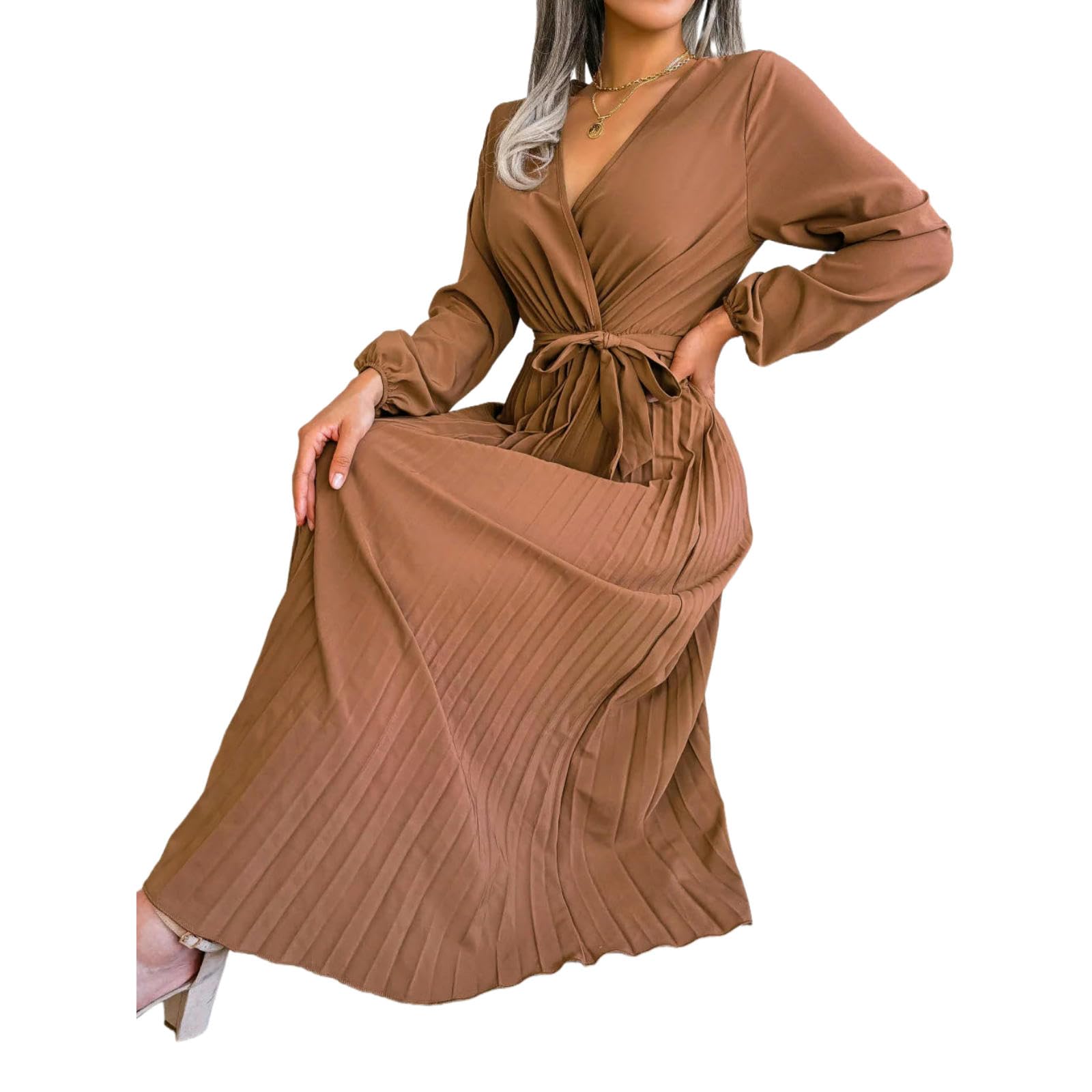 Vestiti a Maniche Lunghe Abito Autunnali da Donna, V-Scollo Cross-up Colori, Elegante Maxi Pieghe, Vestito Lungo Grande Swing, di Moda Casual
