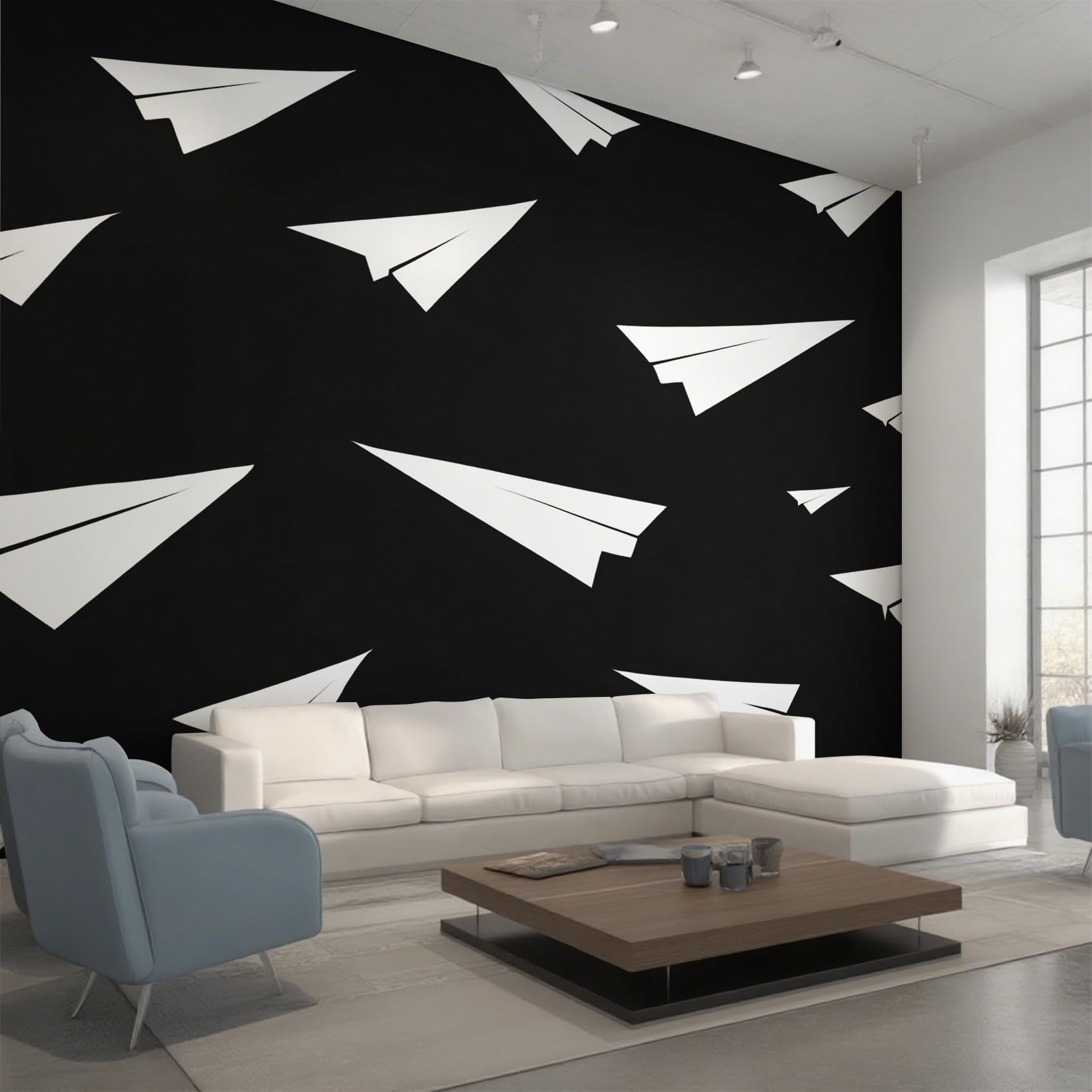 Papier peint panoramique avion en papier origami noir et blanc intissé format géant 450x315 cm