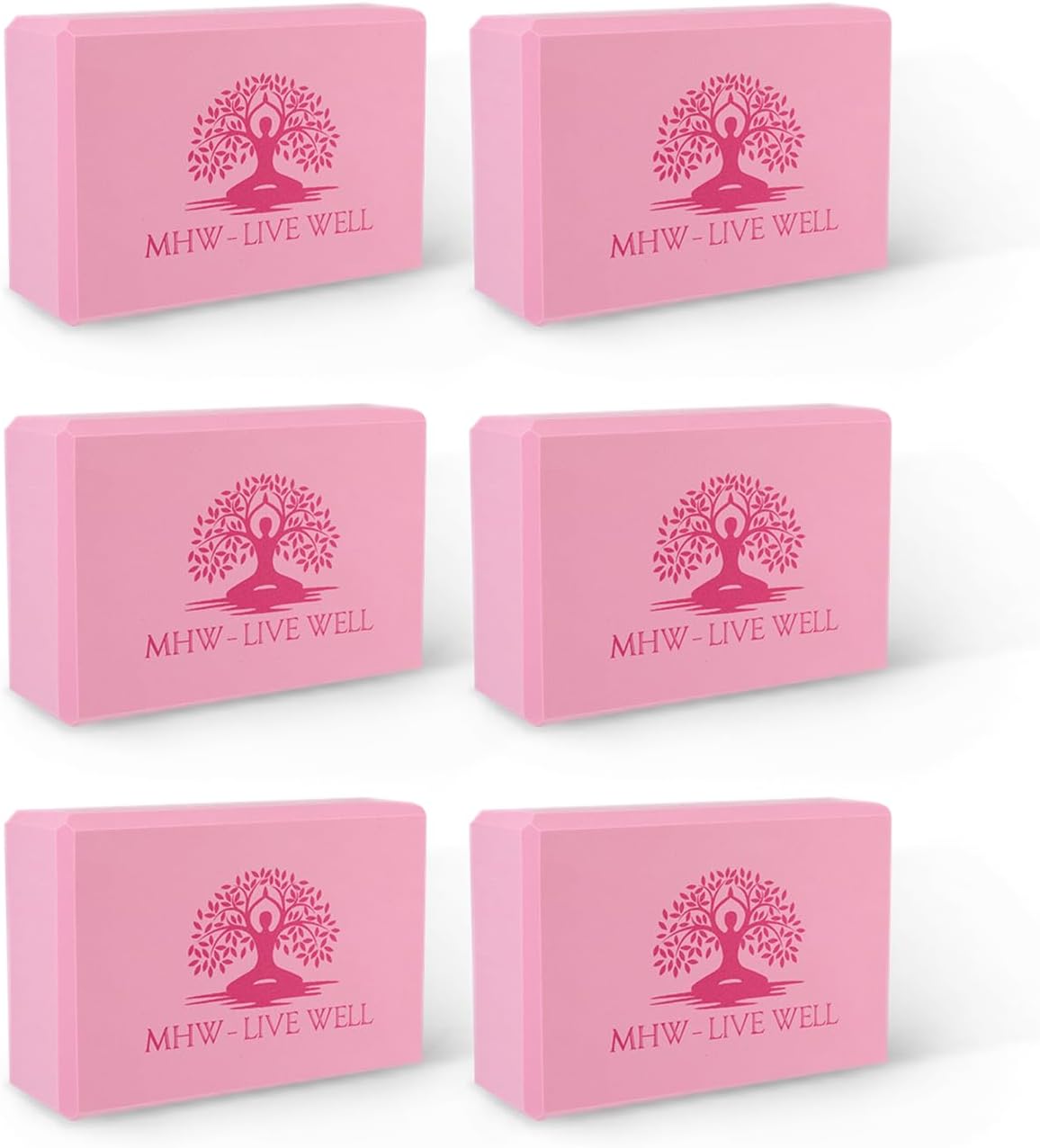 MHW - LIVE WELL EVA Foam Yoga Block, High Density Foam Exercise Block - Lightweight Pilates Block - 9.06 x 5.91 x 2.95 Inches, Single Piece, EVA Material - Pink (Pink, Pack of 6)