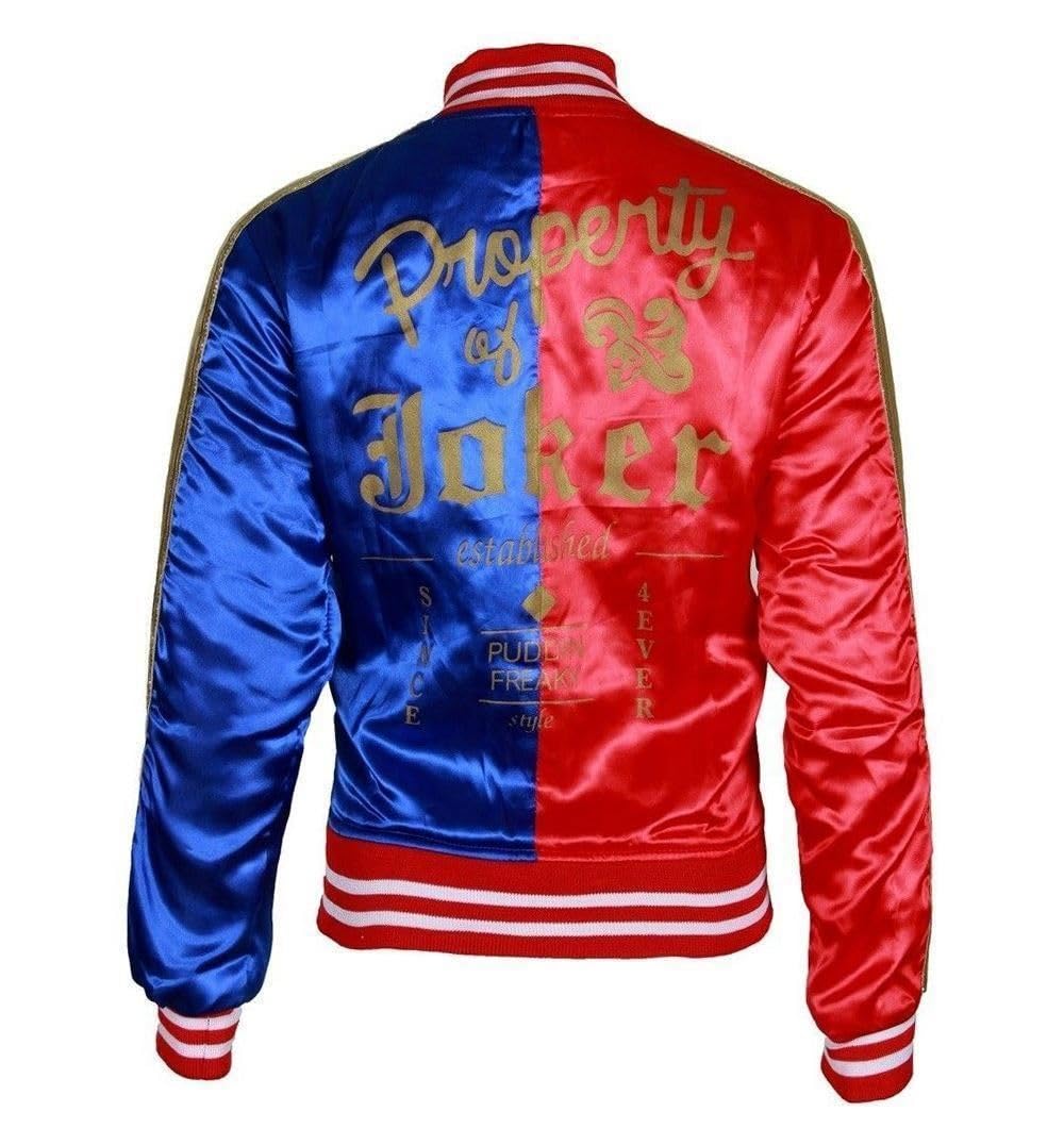 Halloween-Kostüm für Damen, langärmelig, rote und blaue Jacke, Faschingskostüme, Satin, Bomberjacke für Damen, mit Joker-Aufdruck auf der Rückseite