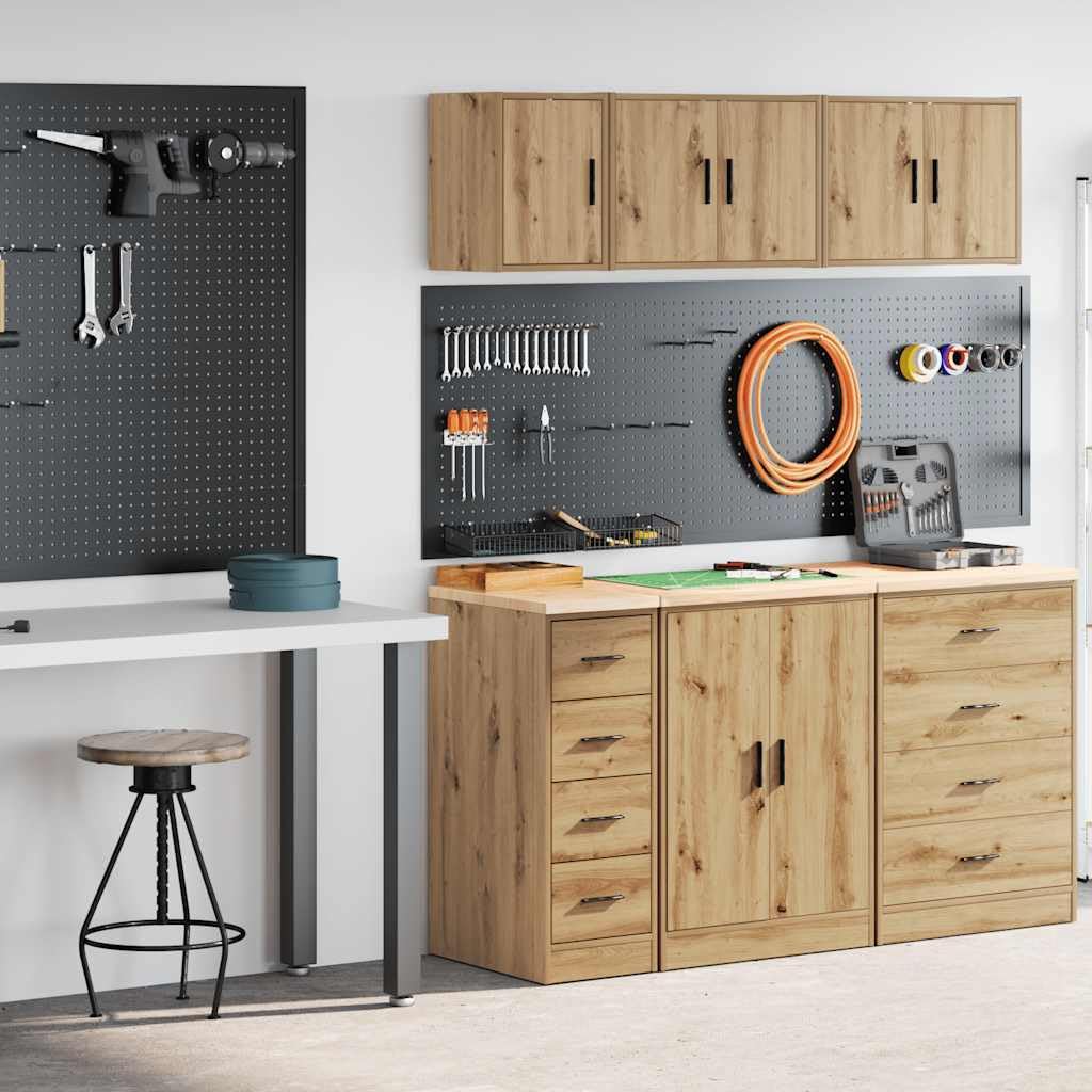 Set di 2 armadi da garage in legno di rovere Artisan, armadio da officina con piano di lavoro e armadio da parete per garage e officina