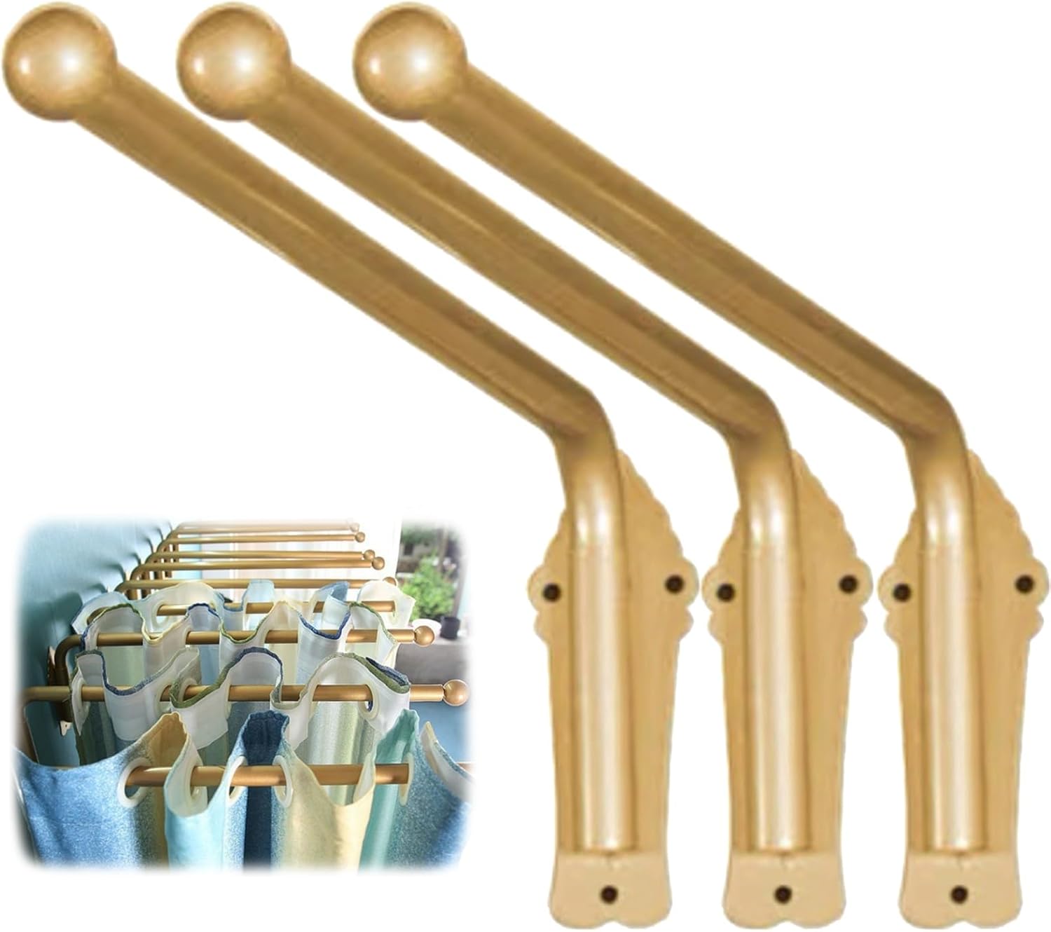 Gold Heavy Duty Iron Drapery Rod, 3pcs Swing Arm Window Curtain Rod, Stand Drapery Arm, Movable Window Curtain Rail Display Stand, for Front Door Store Kitchen Bathroom(47in)