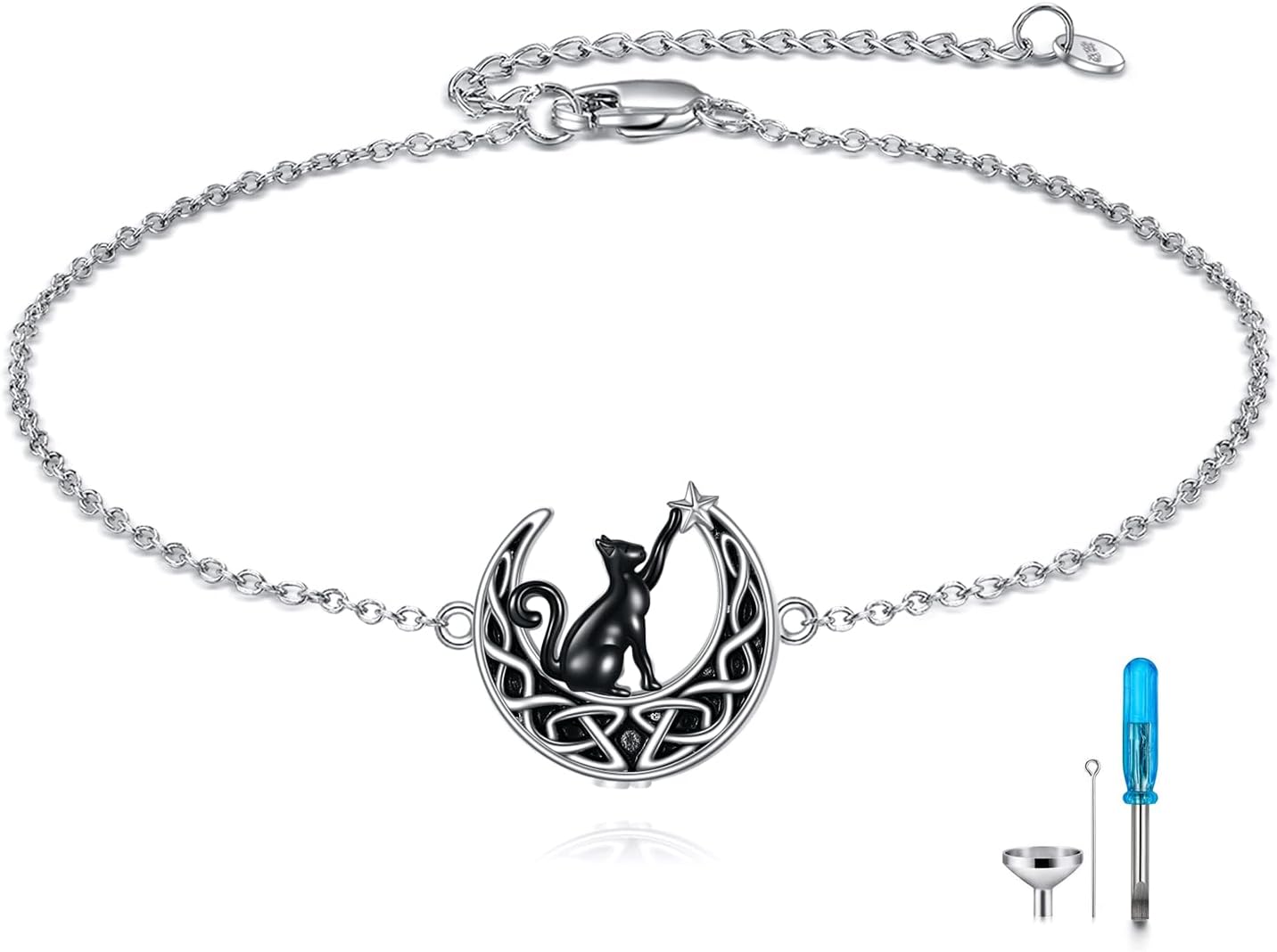 VONALA 925 Sterling Silver Moon Cat Urn Bracelets for Women Celtic Urn Bracelet Moon Ashes Bracelet Black Cat Cremation Jewelry