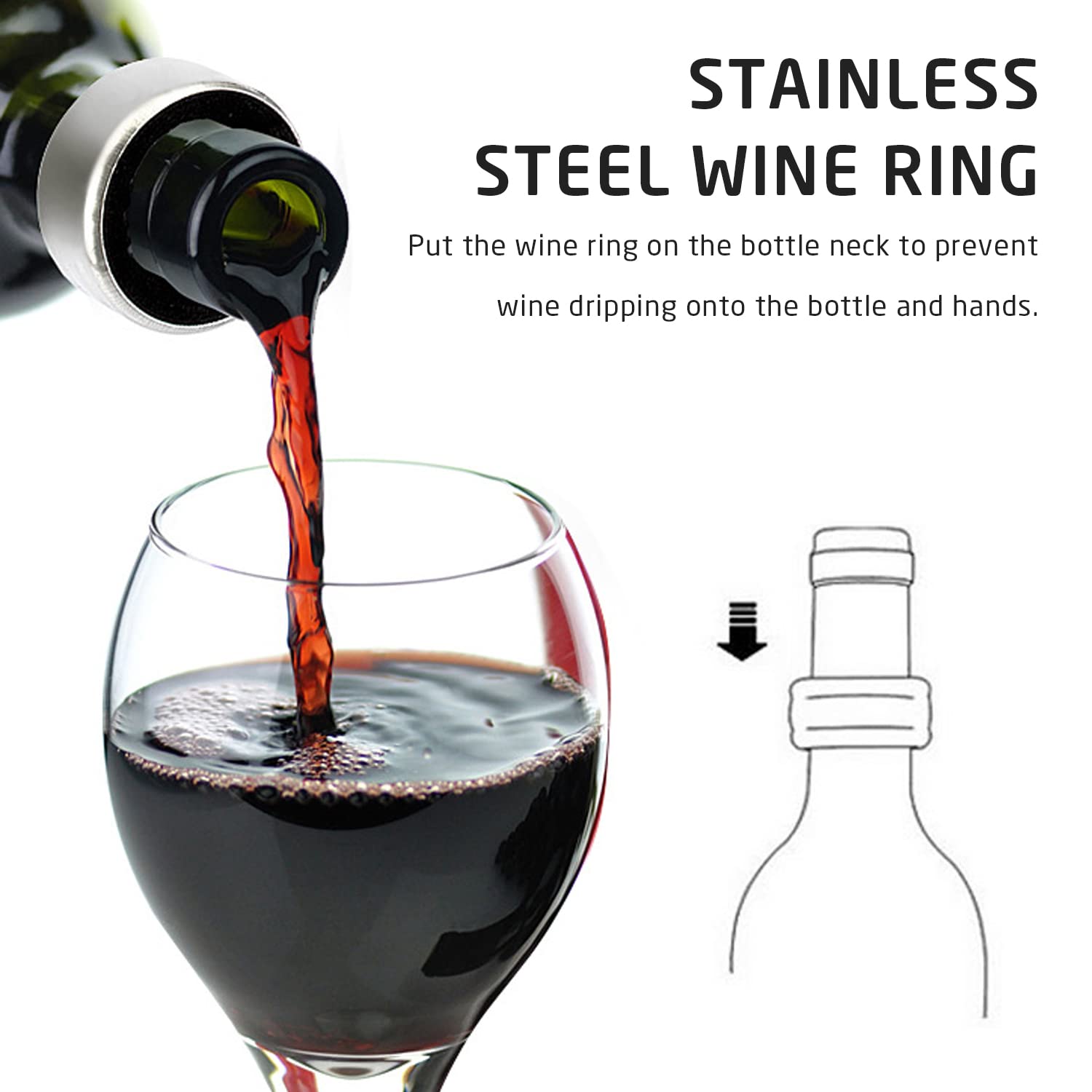 4 Anillos De Gota De Vino Y 1 Tapón, Acero Inoxidable, Collar Para Botella, A Prueba De Fugas - Accesorios Para Familias, Bar, Restaurantes