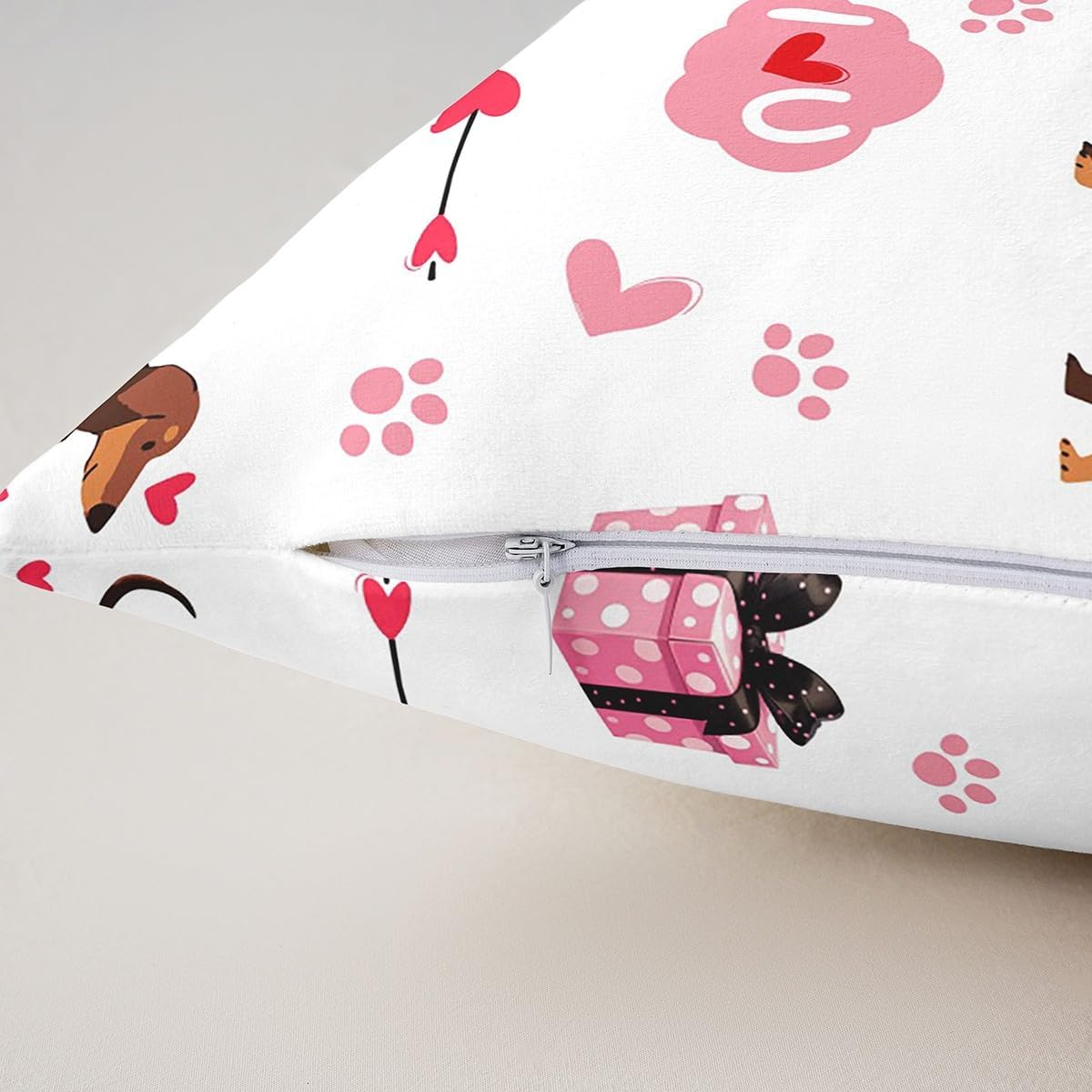 Homewish Cartoon Dachshund Throw Pillow Covers (Pack of 1),Valentine's Day Cushion Cover for Kids Girls Boys Pink Love Paw Print Pillow Cases Cute Pet Doggy Living Room Sofa Bed Decor,18" Lx18 W image 4