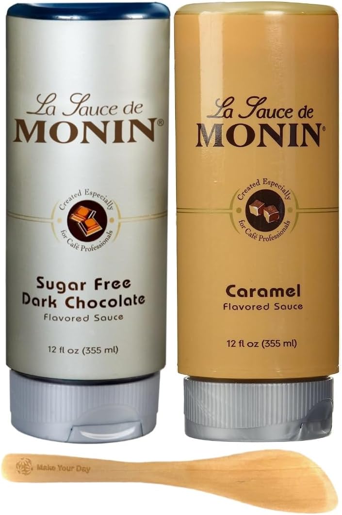 Flavored sauces, Sugar Free Dark Chocolate and Caramel (Contains Sugar), 12 Ounce (Pack of 2) - with Make Your Day Spreader